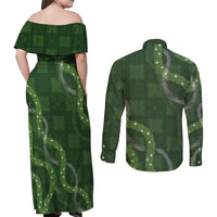 Hawaiian Quilt Couples Matching Off Shoulder Maxi Dress and Long Sleeve Button Shirt Pele Hair Hinahina Lei Green Version