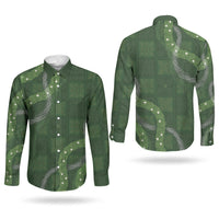 Hawaiian Quilt Couples Matching Off The Shoulder Long Sleeve Dress and Long Sleeve Button Shirt Pele Hair Hinahina Lei Green Version LT05 - Polynesian Pride