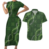 Hawaiian Quilt Couples Matching Short Sleeve Bodycon Dress and Hawaiian Shirt Pele Hair Hinahina Lei Green Version