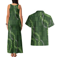 Hawaiian Quilt Couples Matching Tank Maxi Dress and Hawaiian Shirt Pele Hair Hinahina Lei Green Version
