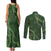 Hawaiian Quilt Couples Matching Tank Maxi Dress and Long Sleeve Button Shirt Pele Hair Hinahina Lei Green Version
