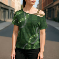 Hawaiian Quilt Cross Shoulder Shirt Pele Hair Hinahina Lei Green Version