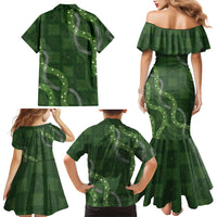 Hawaiian Quilt Family Matching Mermaid Dress and Hawaiian Shirt Pele Hair Hinahina Lei Green Version