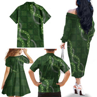 Hawaiian Quilt Family Matching Off The Shoulder Long Sleeve Dress and Hawaiian Shirt Pele Hair Hinahina Lei Green Version