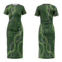 Hawaiian Quilt Family Matching Short Sleeve Bodycon Dress and Hawaiian Shirt Pele Hair Hinahina Lei Green Version LT05 Mom's Dress Green - Polynesian Pride