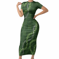 Hawaiian Quilt Short Sleeve Bodycon Dress Pele Hair Hinahina Lei Green Version LT05 Long Dress Green - Polynesian Pride