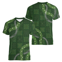 Hawaiian Quilt Women V-Neck T-Shirt Pele Hair Hinahina Lei Green Version