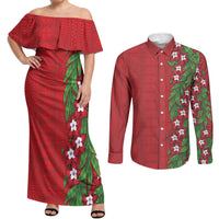 Tonga Language Week Couples Matching Off Shoulder Maxi Dress and Long Sleeve Button Shirt Heilala Floral Red