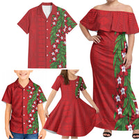 Tonga Language Week Family Matching Off Shoulder Maxi Dress and Hawaiian Shirt Heilala Floral Red LT05 - Polynesian Pride