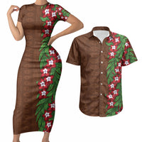 Tonga Language Week Couples Matching Short Sleeve Bodycon Dress and Hawaiian Shirt Heilala Floral Brown