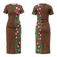 Tonga Language Week Couples Matching Short Sleeve Bodycon Dress and Hawaiian Shirt Heilala Floral Brown