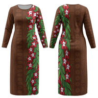 Tonga Language Week Family Matching Long Sleeve Bodycon Dress and Hawaiian Shirt Heilala Floral Brown LT05 Mom's Dress Brown - Polynesian Pride