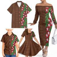 Tonga Language Week Family Matching Off The Shoulder Long Sleeve Dress and Hawaiian Shirt Heilala Floral Brown