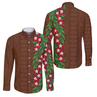 Tonga Language Week Family Matching Off The Shoulder Long Sleeve Dress and Hawaiian Shirt Heilala Floral Brown LT05 Dad's Shirt - Long Sleeve Brown - Polynesian Pride