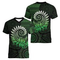 New Zealand Maori Koru Fern Women V-Neck T-Shirt Spiral Polynesian Style Green