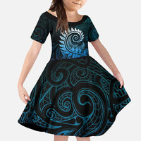 New Zealand Maori Koru Fern Family Matching Long Sleeve Bodycon Dress and Hawaiian Shirt Spiral Polynesian Style Aqua Gradient