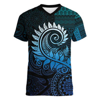 New Zealand Maori Koru Fern Women V-Neck T-Shirt Spiral Polynesian Style Aqua Gradient