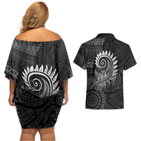 New Zealand Maori Koru Fern Couples Matching Off Shoulder Short Dress and Hawaiian Shirt Spiral Polynesian Style Gray