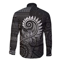 New Zealand Maori Koru Fern Long Sleeve Button Shirt Spiral Polynesian Style Gray