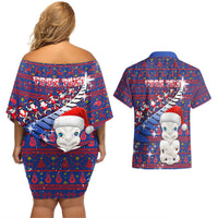 Personalized New Zealand Christmas Couples Matching Off Shoulder Short Dress and Hawaiian Shirt Haka Fern Santa Tiki Meri Kirihimete LT05 - Polynesian Pride
