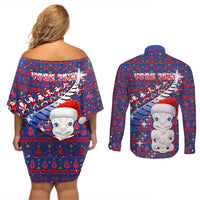 Personalized New Zealand Christmas Couples Matching Off Shoulder Short Dress and Long Sleeve Button Shirts Haka Fern Santa Tiki Meri Kirihimete LT05 - Polynesian Pride