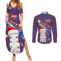 Personalized New Zealand Christmas Couples Matching Summer Maxi Dress and Long Sleeve Button Shirts Haka Fern Santa Tiki Meri Kirihimete LT05 Blue - Polynesian Pride