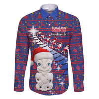 Personalized New Zealand Christmas Family Matching Off Shoulder Maxi Dress and Hawaiian Shirt Haka Fern Santa Tiki Meri Kirihimete LT05 Dad's Shirt - Long Sleeve Blue - Polynesian Pride