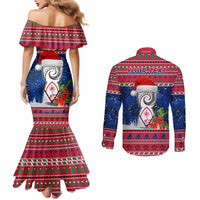 Personalized Guam Christmas Couples Matching Mermaid Dress and Long Sleeve Button Shirts Guaman Seal Poinsettia Felis Pasgua LT05 - Polynesian Pride