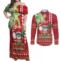 Personalised Hawaii Christmas Couples Matching Off Shoulder Maxi Dress and Long Sleeve Button Shirt Funny Santa Claus Surf Mele Kalikimaka