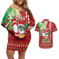Personalised Hawaii Christmas Couples Matching Off Shoulder Short Dress and Hawaiian Shirt Funny Santa Claus Surf Mele Kalikimaka