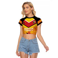 Papua New Guinea Rugby Custom Raglan Cropped T Shirt Kumul Pride Go Champions LT05 Female Yellow - Polynesian Pride