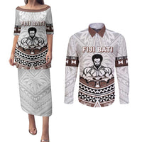 Fiji Rugby Custom Couples Matching Puletasi and Long Sleeve Button Shirt Fijian Bati Go Champions LT05 White - Polynesian Pride