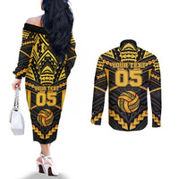 Custom Polynesia Beach Volleyball Couples Matching Off The Shoulder Long Sleeve Dress and Long Sleeve Button Shirt Gold Polynesian Tribal Pattern LT05 - Polynesian Pride