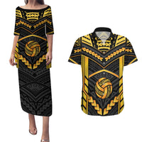 Custom Polynesia Beach Volleyball Couples Matching Puletasi and Hawaiian Shirt Gold Polynesian Tribal Pattern - Polynesian Pride