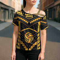 Custom Polynesia Beach Volleyball Cross Shoulder Shirt Gold Polynesian Tribal Pattern - Polynesian Pride