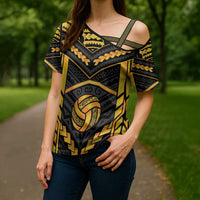 Custom Polynesia Beach Volleyball Cross Shoulder Shirt Gold Polynesian Tribal Pattern - Polynesian Pride