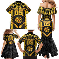 Custom Polynesia Beach Volleyball Family Matching Mermaid Dress and Hawaiian Shirt Gold Polynesian Tribal Pattern - Polynesian Pride