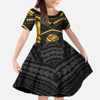 Custom Polynesia Beach Volleyball Family Matching Off The Shoulder Long Sleeve Dress and Hawaiian Shirt Gold Polynesian Tribal Pattern LT05 Daughter's Dress Gold - Polynesian Pride