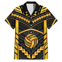 Custom Polynesia Beach Volleyball Family Matching Off Shoulder Short Dress and Hawaiian Shirt Gold Polynesian Tribal Pattern LT05 Dad's Shirt - Short Sleeve Gold - Polynesian Pride