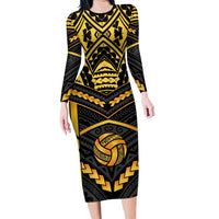 Custom Polynesia Beach Volleyball Long Sleeve Bodycon Dress Gold Polynesian Tribal Pattern LT05 Long Dress Gold - Polynesian Pride