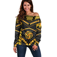 Custom Polynesia Beach Volleyball Off Shoulder Sweater Gold Polynesian Tribal Pattern LT05 Women Gold - Polynesian Pride
