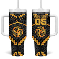 Custom Polynesia Beach Volleyball Tumbler With Handle Gold Polynesian Tribal Pattern - Polynesian Pride