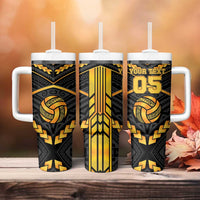 Custom Polynesia Beach Volleyball Tumbler With Handle Gold Polynesian Tribal Pattern - Polynesian Pride