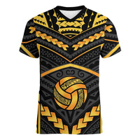 Custom Polynesia Beach Volleyball Women V-Neck T-Shirt Gold Polynesian Tribal Pattern - Polynesian Pride