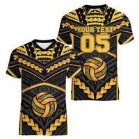 Custom Polynesia Beach Volleyball Women V-Neck T-Shirt Gold Polynesian Tribal Pattern - Polynesian Pride