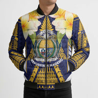 Personalised Nauru Independence Day Bomber Puffer Jacket Coat Of Arms With Plumeria - Polynesian Pride