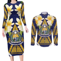 Personalised Nauru Independence Day Couples Matching Long Sleeve Bodycon Dress and Long Sleeve Button Shirt Coat Of Arms With Plumeria - Polynesian Pride