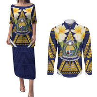 Personalised Nauru Independence Day Couples Matching Puletasi and Long Sleeve Button Shirt Coat Of Arms With Plumeria - Polynesian Pride