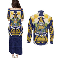 Personalised Nauru Independence Day Couples Matching Puletasi and Long Sleeve Button Shirt Coat Of Arms With Plumeria - Polynesian Pride