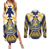 Personalised Nauru Independence Day Couples Matching Summer Maxi Dress and Long Sleeve Button Shirt Coat Of Arms With Plumeria - Polynesian Pride